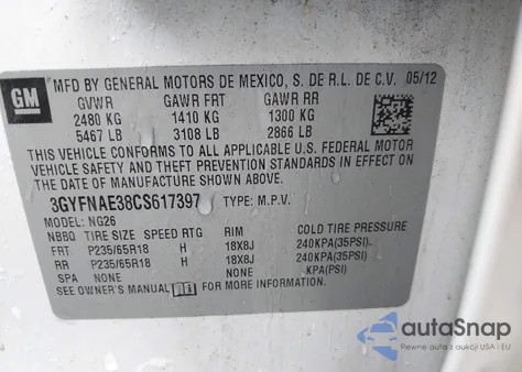 2012 Cadillac Srx Luxury Collection from USA, damaged, VIN 3GYFNAE38CS617397